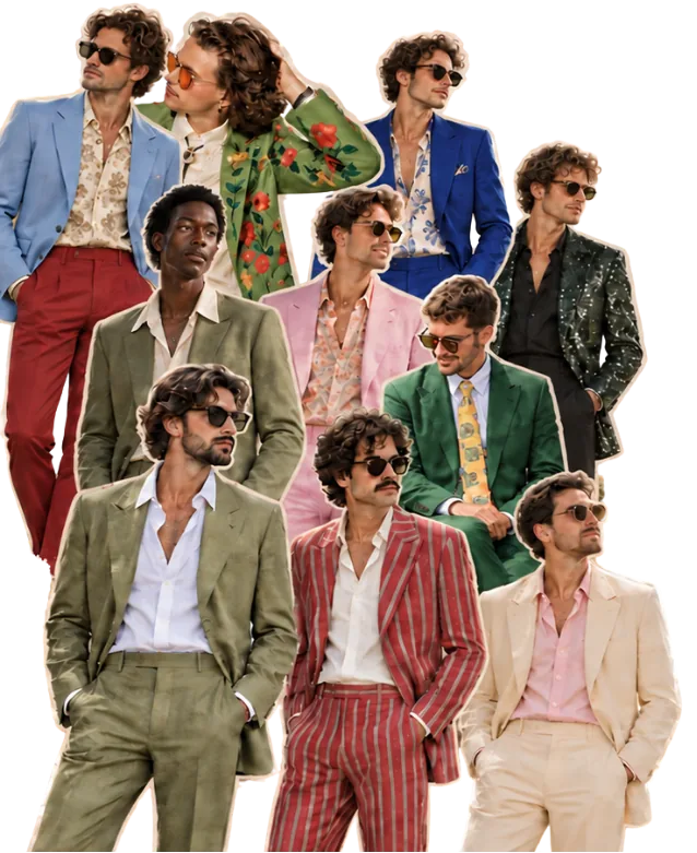 Men in patterned and brightly coloured suits